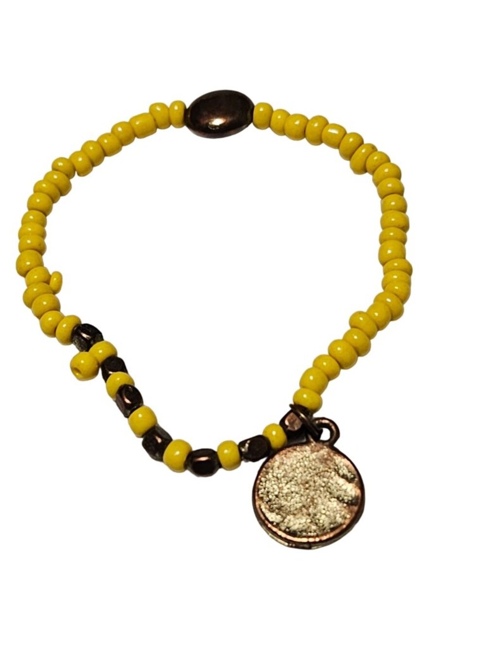 Handmade Bronze Coin Charm Bracelet Boho Yellow Beaded Stretch Fashion Jewelry
